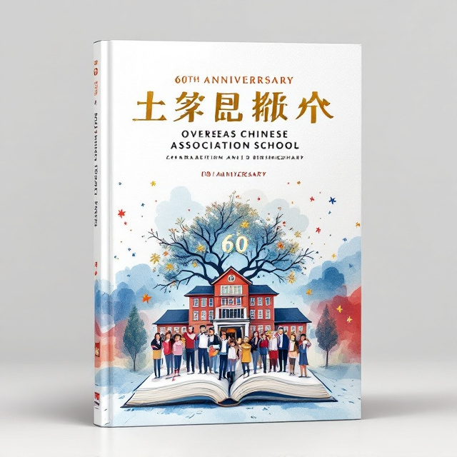 The cover prominently features a balanced visual fusion of the Chinese and British flags, symbolizing the cultural connection central to the book. These flags are seamlessly blended into the background in a watercolor effect. An illustration of the school building sits at the center, with a group of diverse, happy students standing in front, holding textbooks and waving. Above the school, delicate brushstrokes form an abstract tree with roots connecting to an open book below. Surrounding the scene, subtle school publications and written scripts fade into the backdrop, symbolizing education and heritage. Gold foil text commemorating the 60th anniversary is placed above the illustration, adding elegance.