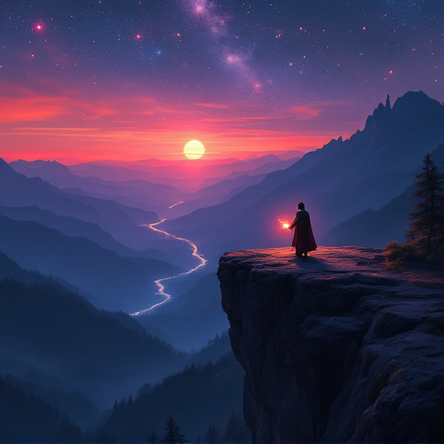 Elyas stands at the edge of an imposing cliff against the backdrop of an awe-inspiring, twilight-drenched world. The horizon glows faintly in crimson and maroon hues, merging into an expansive sky scattered with stars that blend seamlessly with the River of Stars flowing through the land below. His billowing cloak adds dramatic motion, while the glowing shard of Auron's light in his hand pierces the shadows around him, drawing attention to the delicate interplay between light and darkness. Shadowed mountain ranges and forests stretch into the distance, broken only by the glow of the River of Stars winding its way through the ancient lands and connecting heaven and earth. Subtle ancient ruins are tucked beneath dense foliage, barely visible, hinting at the secrets the world holds.
