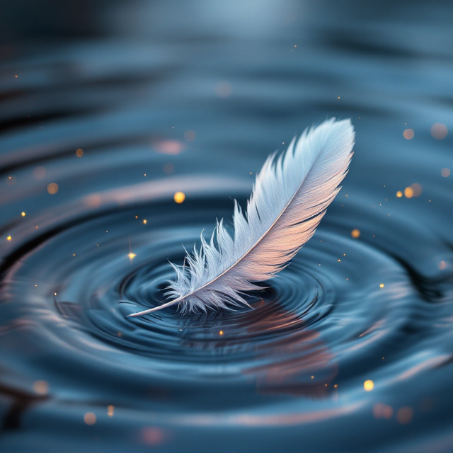 A solitary feather, half-submerged in a pool of shimmering water tinged with twilight colors—muted blues, purples, and blush pinks. The feather appears delicate, symbolizing vulnerability, while the rippling water conveys transformation and the sense of falling. In the background, a subtle gradient transitions to abstract silhouettes of broken wings near the edges, adding to the mystery. Subtle golden sparkles are scattered around the feather, suggesting hope amidst grief. The overall aesthetic is soft and dreamlike, with a touch of elegant melancholy.