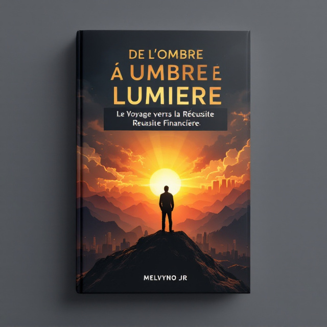 A radiant sunrise breaking through dark stormy clouds symbolizing transformation, with a silhouette of a man standing on a mountain peak, gazing at the horizon. The backdrop is a gradient transition from deep shadows to vibrant light, suggesting the journey from struggle to success. Subtle graphical elements like abstract city skylines and financial graphs are embedded in the lower part of the cover.