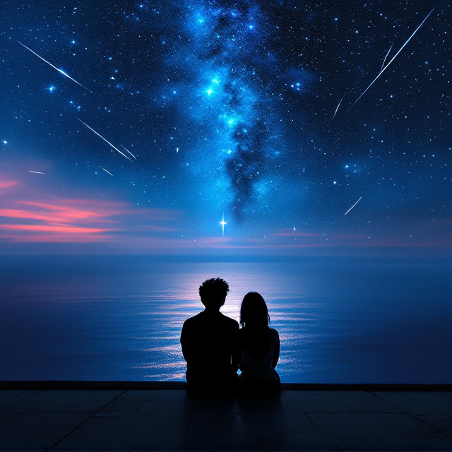 Two silhouettes of a young couple are sitting on a rooftop edge, their backs turned to the viewer, gazing out over a vast ocean. The rooftop is rendered in subtle shadows, blending seamlessly into the dark blue hues of the ocean spread out below. The sky above shifts from a soft pink at the horizon to a deep, glittering navy blue filled with stars. Shooting stars streak across the sky, creating a sense of magic and motion. Reflections of the sky shimmer faintly on the ocean’s surface, completing the romantic, dark, and consuming tone. The horizon creates a natural separation between the ocean and the starry sky, enhancing the depth.