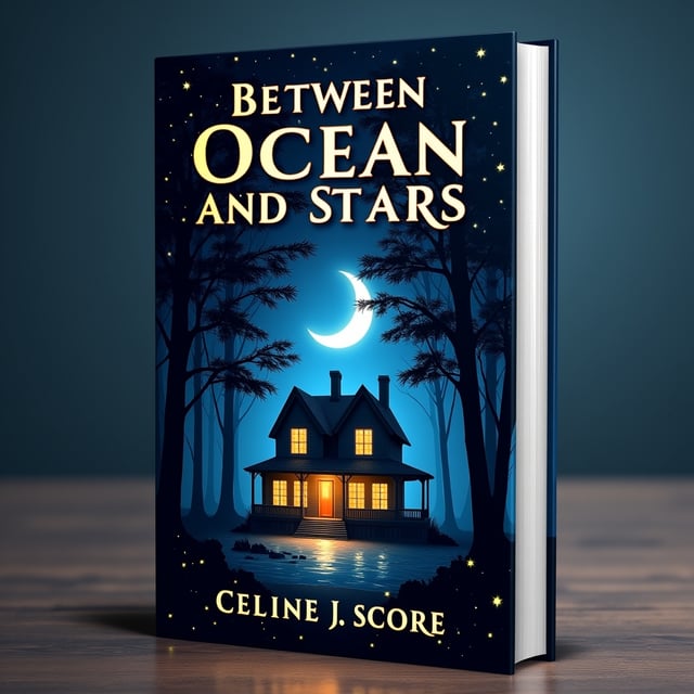 A mysterious and enchanting house nestled in the heart of a dense, shadowy wooded area sits in the middle of the cover. The house is faintly illuminated by a soft, warm golden glow emanating from its windows, contrasting the overall color palette. To the left, the dark, rippling ocean is visible under a brilliant night sky, dappled with countless twinkling stars and a glowing crescent moon. The scene feels romantic and magical with light wisps of mist drifting between the trees and over the water. The entire image has a dominant blue tone, with hints of silver and gold for contrast to create an ethereal ambience.