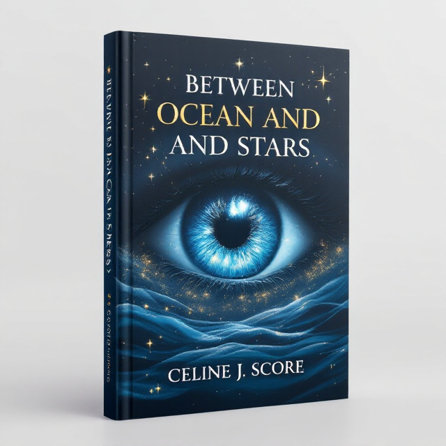A close-up of a dark blue eye dominates the cover, with bright, twinkling stars scattered across the iris. Within the iris, a mesmerizing ocean is visible, with gentle, glowing waves rippling across the lower half. A soft vignette of glowing starlight provides a magical halo effect around the eye, blending into a midnight blue background. The overall color palette includes shades of dark blue, gold, and white to convey a mystical and romantic atmosphere.