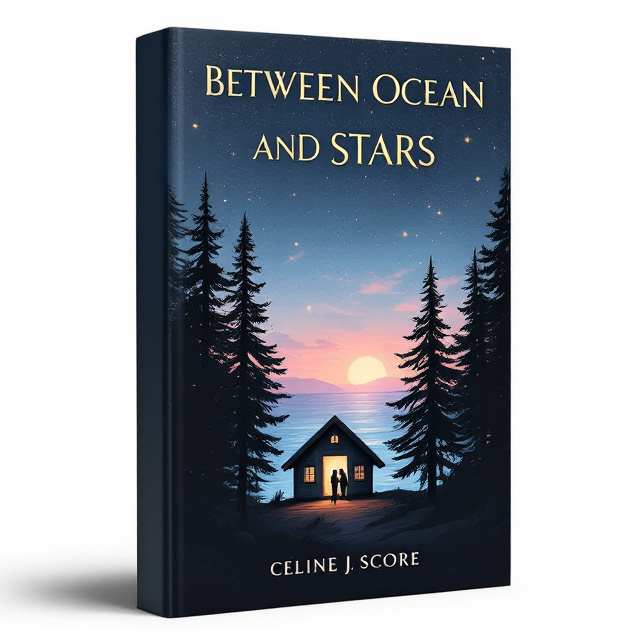 A serene yet moody illustration of a small cabin nestled among tall, shadowy pine trees. Behind the cabin, the horizon blends seamlessly into a vast, dreamy ocean. The sky above is a mix of dark blue and soft pink hues, scattered with shimmering, bright stars. The upper window of the cabin glows warmly, revealing silhouettes of two people sharing a kiss. The ocean in the background reflects the starry sky faintly, amplifying the romantic yet lonely mood. A subtle mist rises from the ocean, adding an ethereal touch.