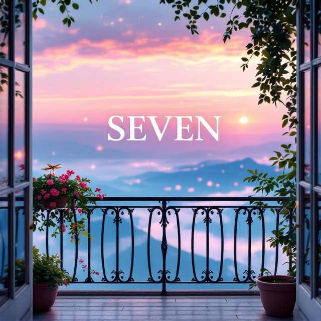 A serene summer balcony scene at sunset, overlooking a magical pink and blue sky. The horizon blends the soft hues of pink fading into a serene blue, creating an ethereal and romantic vibe. The balcony railings are slightly ornate, with a gleaming dragonfly perched delicately on one of the spokes, its wings catching the warm light. Soft light flares are scattered across the skyline for a dreamy effect. Flower pots and climbing vines are subtly placed on one side of the balcony for an additional romantic touch.