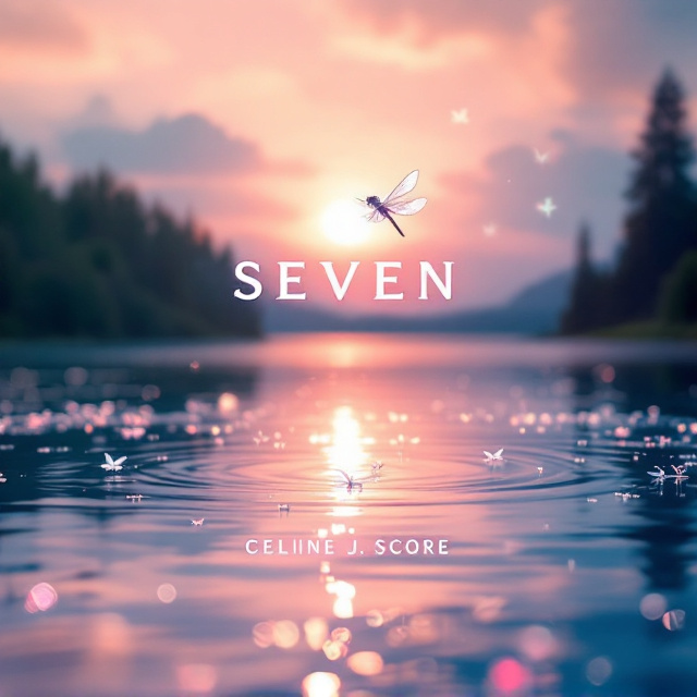 A dreamy summer sunset over a serene lake. The lake has shimmering light reflections colored in hues of pink and blue. A single dragonfly with translucent, glowing wings hovers gracefully above the water. The sky is painted in a magical ombre blend of soft pink and blue, radiating warmth and romance.