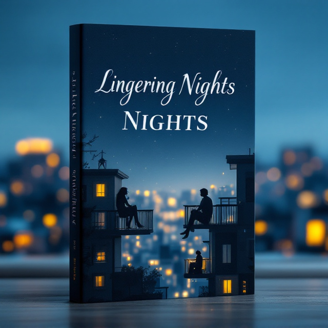 A backdrop of a softly blurred urban skyline at night with glowing yellow and white apartment windows. In the foreground, the silhouette of two figures sitting on adjacent elevated balconies looking towards each other, separated by subtle negative space. A small glow from one balcony, hinting at a warm ambient light like a candle or soft lamp. The sky transitions to a poetic, deep navy gradient with faint abstract swirls symbolizing dreams and connections.