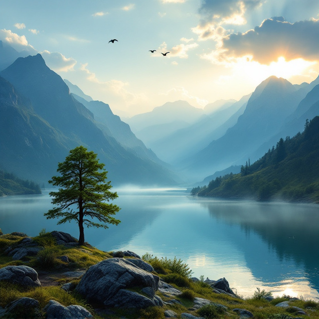 A serene mountainscape during sunrise, with subtle rays of sunlight breaking through the clouds and reflecting over a tranquil blue lake. A single, steadfast tree stands in the foreground, symbolizing resilience and life. Wisps of mist hover over the scene, adding a mystical touch, while birds in flight elevate the theme of freedom and perseverance.