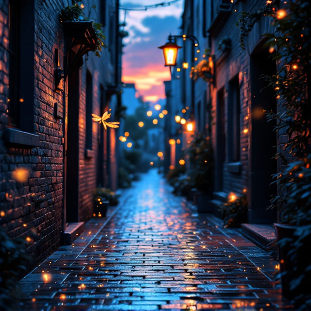 An enchanting alley laid with textured brick stones that shine faintly under the glow of sunset light. The alley fades into the horizon, leading the eye to a tranquil, magical dark blue and pink sky, softly blending like a watercolor painting at dusk. A single delicate dragonfly, its wings glistening faintly as if kissed by golden light, hovers prominently in the foreground. Slender streaks of yellow light scatter across the scene, adding warmth and contrast to the cool, magical hues.
