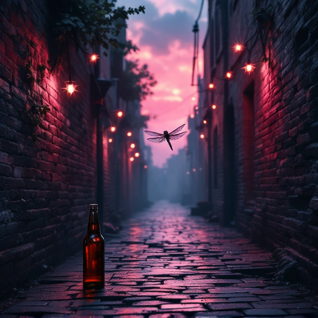 A dark, narrow alley paved with textured brick stones recedes into the distance under a surreal pink and dark blue sky. Fairy lights are strung between the old, weathered brick walls, emitting a warm, magical glow. A single dragonfly with shimmering, iridescent wings hovers mid-flight in the foreground. A lone beer bottle rests on the damp brick ground with subtle reflections from the fairy lights.