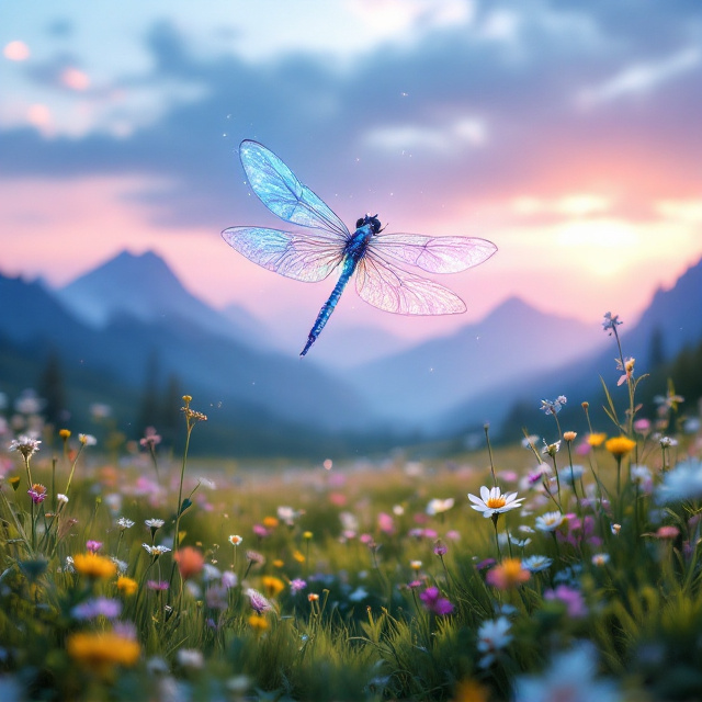 A whimsical and ethereal scene featuring a dragonfly with shimmering, translucent wings, illuminated by the soft, magical pink and blue hues of a sunset sky. The dragonfly is positioned in mid-air, gracefully flying over a lush meadow of green grass and colorful wildflowers, with delicate dew drops glistening in the light. The meadow flows seamlessly into a majestic mountain range on the horizon. The sky itself is streaked with soft gradients of pink and blue, creating a dreamy ambiance.