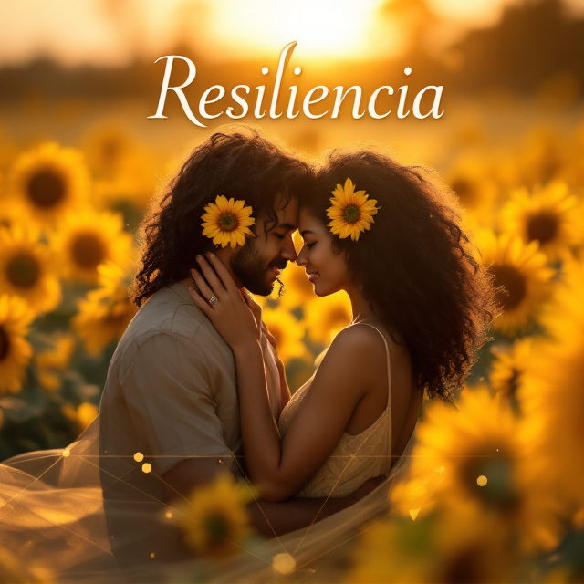 A picturesque field of sunflowers at golden hour serves as the background, with soft bokeh lighting creating a dreamy, romantic atmosphere. The couple is centrally positioned, embracing each other amid the sunflowers, with the woman's dress flowing gently in the breeze. Her black, curly hair features a yellow sunflower tucked behind her ear. Geometrical elements—fine, subtle golden triangles, and circles—are interwoven with the sunflowers, providing a modern and artistic twist.