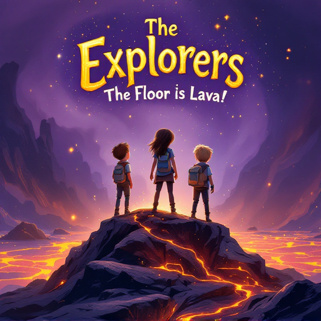 Three adventurous kids—13-year-old girl with brown hair in the middle, an 11-year-old boy with dusty blonde hair to her left, and a 5-year-old boy with blonde hair to her right—are standing on a jagged rock above a sea of bubbly, glowing lava. The lava below pulses in vibrant shades of red, orange, and yellow, contrasting with the swirling, ethereal purple background. Magical sparks and glowing particles float in the air, giving the scene a whimsical, fantasy vibe.