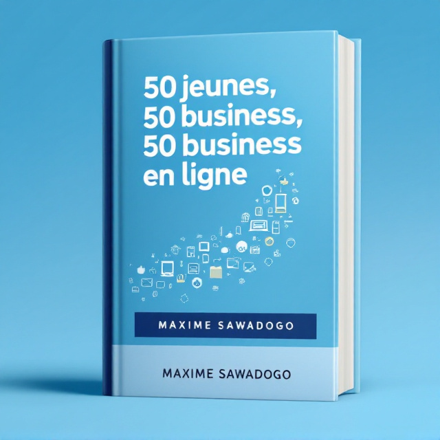 A bold and dynamic cover design with a sky-blue gradient background symbolizing limitless possibilities and optimism. The title "50 jeunes, 50 business en ligne" is prominently featured in oversized, modern white typography with a light shadow for emphasis. Below the title, there is a subtle icon of a laptop with a path of rising icons symbolizing e-commerce, digital services, and online tools that wrap upward towards the top-right corner of the cover. At the bottom of the cover, a rectangular banner in sleek navy-blue houses the author’s name "MAXIME SAWADOGO" in elegant italics.
