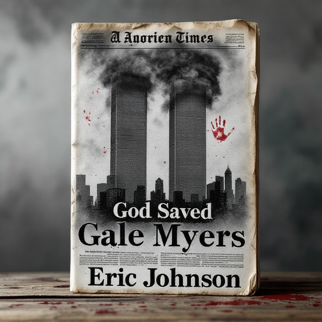 A distressed, slightly faded newspaper front page fills the entire cover. The main headline, "God Saved Gale Myers," is prominent in bold and slightly weathered font at the center. Subtle shadowed outlines of the Twin Towers rise in the background, partially obscured by smoke, enhancing the eerie atmosphere. A blood-red handprint is subtly smeared in one corner of the newspaper, adding an intense sense of mystery and fear. The backdrop uses muted grayscale tones, accentuating the ominous NYC skyline behind the towers.
