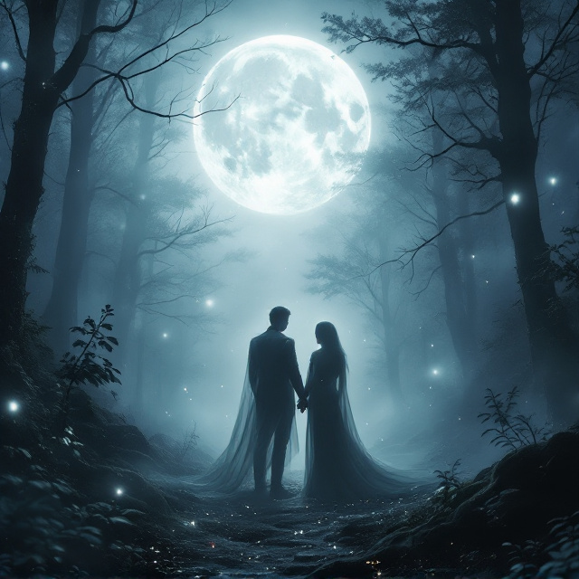 A dark, mystical forest shrouded in silver mist under a glowing ashen moon is the focal point. The moon casts ethereal light that creates shimmering, magical patterns on the forest floor. In the foreground, two ghostly figures—a man and a woman—stand close together, their hands almost touching, with a faint aura of sparkling magical tendrils connecting them. Ancient runes and subtle glowing lines, symbolizing prophecy, spiral faintly around the edges of the cover.