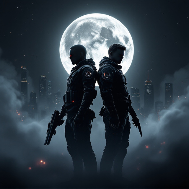 The background features dark color gradations of black, dark gray, and dark blue, with soft trails of mist and smoke concentrated near the bottom. The silhouette of a futuristic cityscape with glowing skyscrapers is visible in the distance, illuminated by a luminous full moon. Two figures, Aria and Kai, stand back-to-back in center focus, dressed in black tactical gear, with Aria holding a sleek, futuristic weapon, and Kai gripping a folding knife. The subtle shadow in the shape of an infinity symbol (∞) is softly illuminated between them, emphasizing connection and destiny. Dramatic reflections of moonlight and city sparks add highlights to the edges of the characters. Small geometric patterns and abstract network designs frame the edges, representing technological intrigue. Splashes of red are added to Aria’s eyes and weapon for tension and contrast.