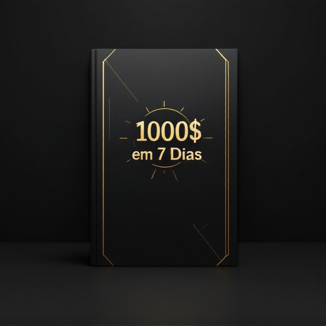 A sleek black background with a subtle gradient towards the center to create depth. Gold geometric lines radiate outward from a central, stylized golden clock icon placed just above the book title. The clock icon incorporates minimalistic accents, such as sharp triangles or rectangular markers, to add a modern edge. The title "1000$ em 7 Dias" is centrally aligned and in bold, golden modern typography, creating strong contrast against the dark background. Thin, diagonal golden lines frame the top and bottom edges, giving the design structure without clutter.