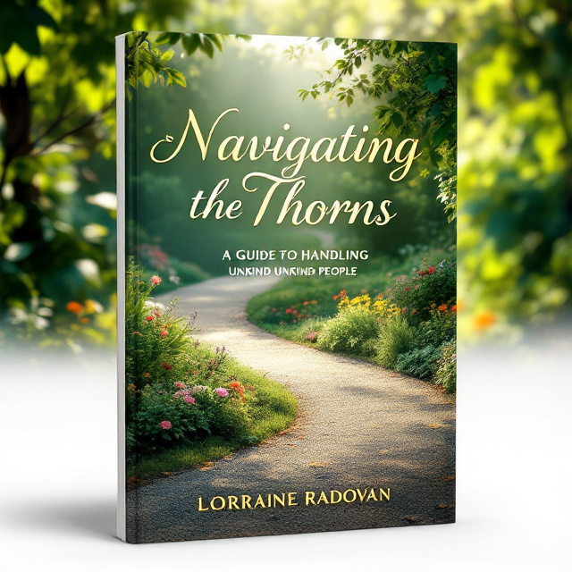 A serene garden scene featuring lush greenery, a winding gravel path, and colorful blooming flowers. The path curves gently with sunlight streaming down, creating a warm glow. No thorns or sharp elements are visible, reinforcing the peaceful atmosphere.