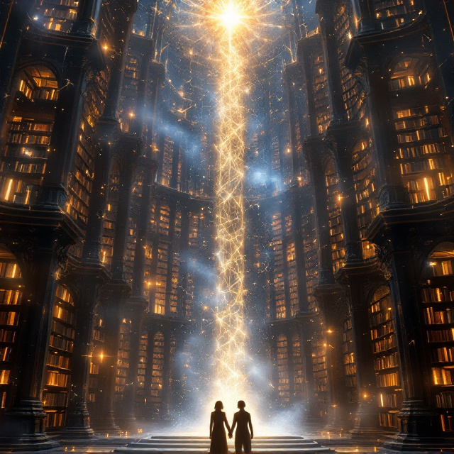 A towering, grand magical library stretches upward and outward, with infinite shelves of ancient glowing books radiating a faint luminescence. Ethereal golden and silver celestial patterns are subtly overlayed, blending into the star-studded cosmic backdrop swirling with nebulous blue and purple hues. At the center of the foreground, silhouettes of Amara and Caius stand side-by-side, their shadows shaped by a glowing, ancient open book hovering between them, casting a mysterious light upwards that illuminates their forms and a subtle part of the library. Faint constellations connect between the bookshelves, mirroring a sense of cosmic interconnectedness and wonder.