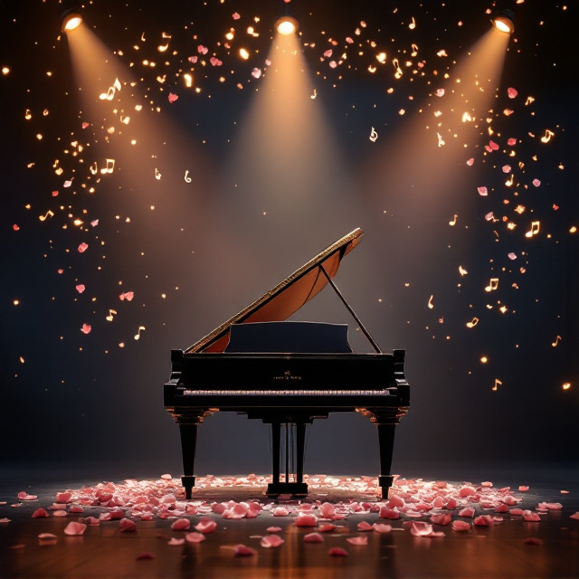 A grand piano stands on a dimly lit stage, illuminated by soft spotlight beams that create a romantic and dreamy ambiance. The keys of the piano subtly transform into intertwining rose petals as they trail upward, symbolizing both love and music blending harmoniously. In the background, faint musical notes are suspended in the air, glowing faintly like constellations, representing faith and trust. The tones are soft and warm, dominated by hues of blush pink, champagne gold, and deep midnight blue.