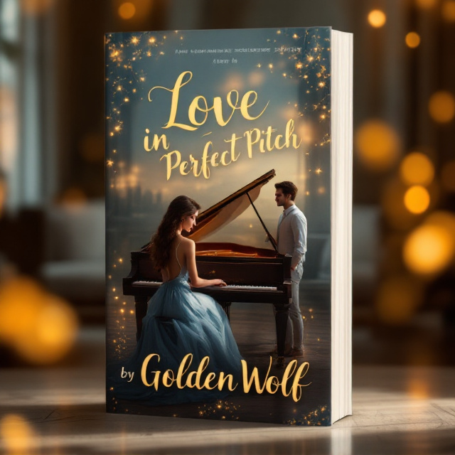 A softly lit background showcasing a grand piano placed in an elegant room. A young woman wearing a flowing blue dress sits gracefully at the piano, her hair delicately draped over her shoulders as she plays. Behind her, a young man stands quietly, gazing at her with affection. The entire scene is framed with warm golden tones and soft bokeh light effects to evoke a sense of romance and intimacy.