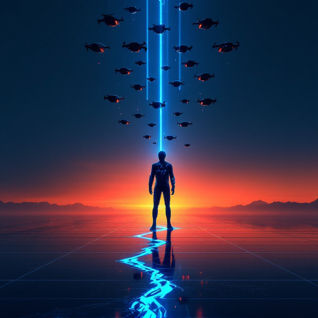 A deep midnight blue background fading into a burnt orange horizon. A humanoid figure, split vertically into half-human (organic) and half-machine (circuitry), stands solitary on a reflective surface. Above, a swarm of sleek black drones hovers, emitting faint beams of neon light. The surface reveals faint ghostly outlines of futuristic objects pulsating *Phantom Heart*, a coiled *Pulse Veil*, and a lone *Scream Earring*, scattered across the lower part. A jagged diagonal crack slices through the scene from bottom-left to top-right.