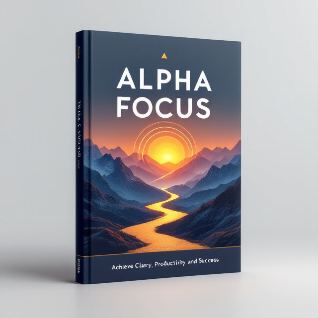 A 3D mockup of the book with a motivational mountainous background showing a sunrise. A bold title "ALPHA FOCUS" is at the top, set against a gradient navy blue to orange sky. A subtle transparent overlay of a target icon is placed behind the title for a focus-driven aesthetic. A clean, golden pathway cutting through the mountains leads to a bright horizon symbolizing success. The subtitle “Achieve Clarity, Productivity, and Success” is placed beneath the title in a smaller, clean font with gold accents. The author’s name, “THE WOLVERINE (ZUBER),” is displayed at the bottom in white, bold, serif typography.
