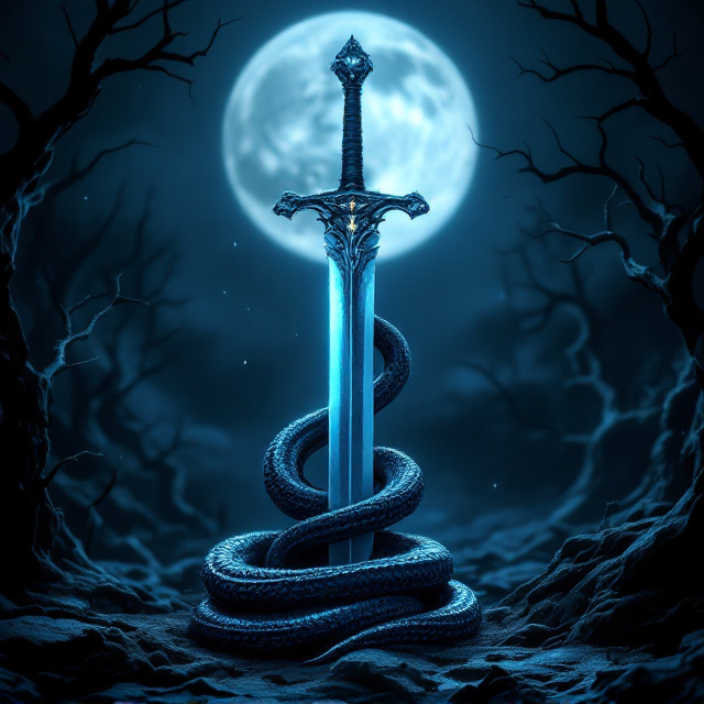 A dark background in shades of black and deep midnight blue, with faint, eerie light bathing the scene. A silver sword with a polished sheen stands upright in the center, partially camouflaged, as a gigantic, ominous dragon winds itself around the blade. The dragon’s scales glimmer faintly with a mix of blue hues, creating a magical aura. In the background, twisted dead branches stretch toward a large, bright, full moon, casting faint shadows. A snake with glowing, amber eyes coils seductively around the hilt of the sword, creating a sinister focal point at the base.