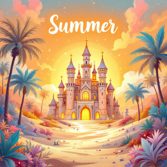 standing book mockup, Its title is "summer drawing and coloring".  A whimsical illustration of a glowing fantasy castle surrounded by golden sands, palm trees, and ethereal creatures like fairies and glowing dragons. The sky is painted in soft pastel tones of orange, pink, and blue to reflect a magical summer sunset. Small, scattered art tools (pencils, brushes, and crayons) float around the scene, as if enchanted. A playful, modern script font with swirly, magical embellishments for the title. The font is bold and white, outlined with a soft yellow glow to make it pop against the dreamy background., The title appears in the upper-third section, curved slightly to mimic the magical, whimsical feeling of the composition. The castle is centered, dominating the midsection, while waves of sand and scattered enchanted objects fill out the lower-third. A golden border frames the entire cover to give it an ornate, fantasy vibe. The area where the author's name typically appears should be left completely blank, with no text or placeholder.