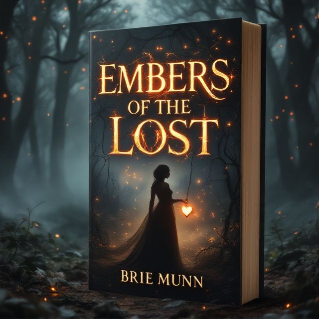 A dark, enchanted forest shrouded in mist dominates the background. The treetops fade into a deep, stormy sky speckled with glowing embers burning in the air. In the foreground, a female silhouette clad in an elegant, flowing cloak can be barely discerned, her figure glowing faintly with amber hues. A half-visible, cracked relic in the shape of a heart floats near her chest. Twisting vines and shadows coil around her feet, subtly forming a dual image of flowers and chains. Dim beams of ethereal light add layered texture to the composition.