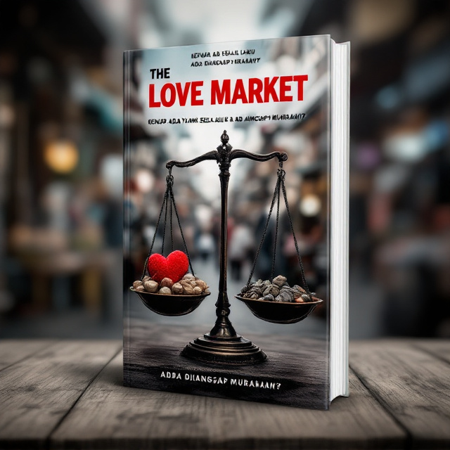 A bold image of a scale symbolizing judgment, with one side holding a heart and the other side a collection of indistinct, various-sized objects, both rendered in a semi-transparent overlay above a blurred background of a bustling marketplace. The colors are stark and contrasting, primarily red and gray, to evoke a sense of critical assessment.