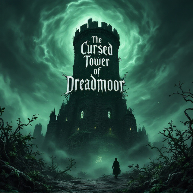 The cover showcases the ominous silhouette of the Tower of Dreadmoor against a swirling, stormy green sky. Shadows and mist swirl around the tower's base, evoking a sense of foreboding. Flickers of subtle, ghostly light play along the upper windows, suggesting the lingering spirits within. In the foreground, vines of twisted ivy, symbolizing entrapment and resilience, wind around the edges of the image.