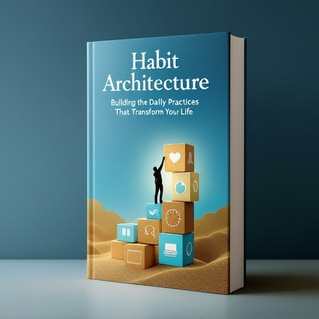 The cover displays a serene gradient background, shifting from deep blue at the bottom to a soft gold at the top, with a textured pattern suggesting layers. At the center, a silhouette of a person is depicted placing the final piece atop an abstract structure made of floating building blocks. The blocks feature icons like a dumbbell, an open book, a clock, a heart, and a computer, all in muted metallic tones. Faint light emerges from the background, casting a gentle glow over the entire scene and creating a 3D effect.