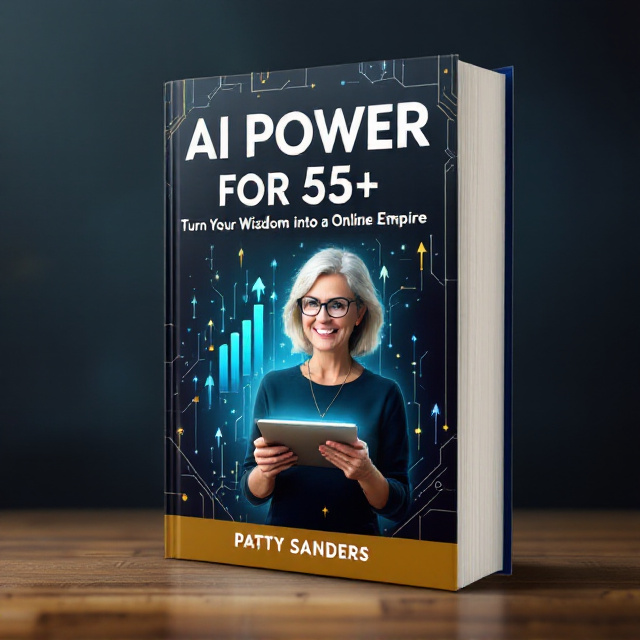 The cover features a mature entrepreneur at the center, portrayed in a stylized, modern illustration. They're holding a sleek tablet with a soft glow that suggests an interface or screen activity. The background is a gradient transitioning from deep navy at the bottom to vibrant teal at the top, overlaid with subtle digital motifs like circuit patterns and faint digital nodes. Dynamic upward arrows are subtly incorporated to signify growth and transformation, creating an exciting and modern feel.