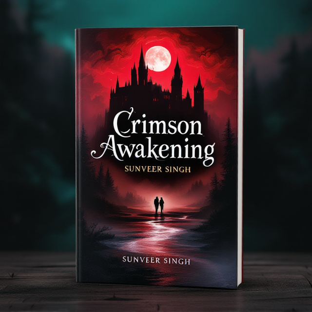 A silhouette of a mysterious castle immersed in swirling mists under a moonlit sky occupies the upper half. In the foreground, a flowing crimson river leads the eye toward the castle. Alongside the riverbank, a couple stands, their shadows merging into the mist, signifying romance and mystery. The background is a blend of deep red transitioning into a greenish-blue sky, creating a haunting yet beautiful contrast.