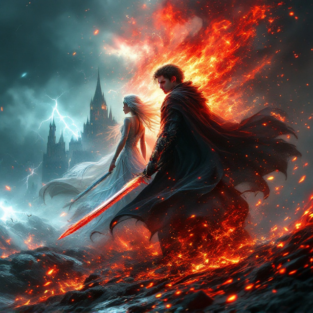 The cover showcases an intense battle scene with the young warrior at the forefront, his glowing crimson eyes casting an ethereal light on the battlefield. His black cloak is dramatically billowing, casting shadows that blend with the embers and sparks dancing around him. The elven princess stands resolute opposite him, her silver hair illuminated by the intermittent flashes of lightning from the stormy sky. Her twin swords, glinting with frost, create an enchanting contrast with the fiery elements around the warrior. Behind them, the dark sky and storm clouds part to reveal a menacing fortress shrouded in mystery. The blend of fire and ice magic fills the air with tension, crafted in a palette of greenish blue hues, heightening the cover's sense of urgency and allure.