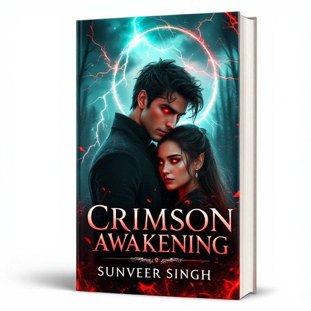The cover features an intense and dynamic scene with Aether in the center, his eyes glowing crimson against a stormy background. Lightning arcs around him, symbolizing his awakening powers, while Selene stands beside him, partially hidden in shadow, with her regal elven features highlighted. The background depicts a dark, enigmatic forest in shades of red and greenish blue, hinting at magic and mystery. The Eclipse Order’s symbol is subtly embedded in the clouds above.