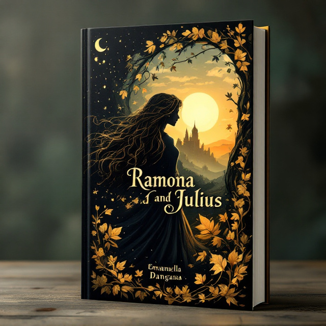 The cover is divided diagonally, with Ramona on the left side against a moonlit background scattered with stars. Her long, curly hair flows toward the center, surrounded by shadows and a dark, forbidding castle in the distance. Julius, on the right, is set against a bright sunrise with the sun radiating warmth and a shining, majestic castle. Leaves in hues of gold and deep green dance across the division, unifying the contrasting worlds.