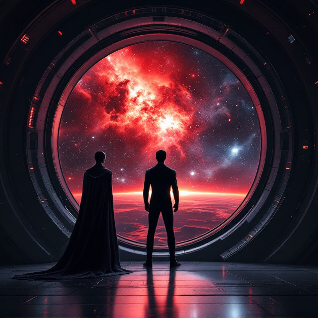 A solitary superhero, dressed in a sleek, black suit with a flowing cape, stands at the forefront, gazing out at the vast expanse of space through a large, circular window of a space station. The background showcases an awe-inspiring view of galaxies and nebulas, with a faint hint of a red dawn breaking in the distance, adding a touch of color to the otherwise dark setting. Subtle reflections on the window create a sense of depth and realism.