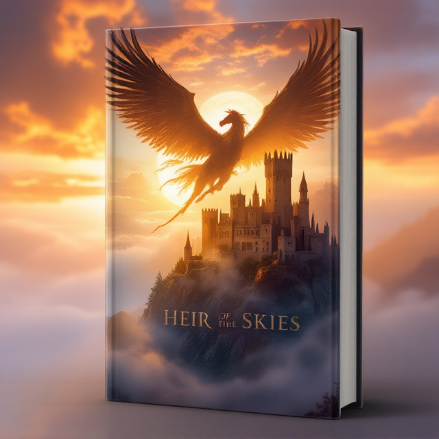 A misty landscape with a medieval castle perched dramatically on a coastal cliff, bathed in the golden light of a setting sun. The castle is intricately detailed, with towering spires and battlements. Encircling this grand view is the silhouette of a pegasus soaring gracefully, its wings wide and majestic, casting a subtle shadow across the scene. The sky is a gradient of oranges and purples, adding depth and an epic feel to the cover.