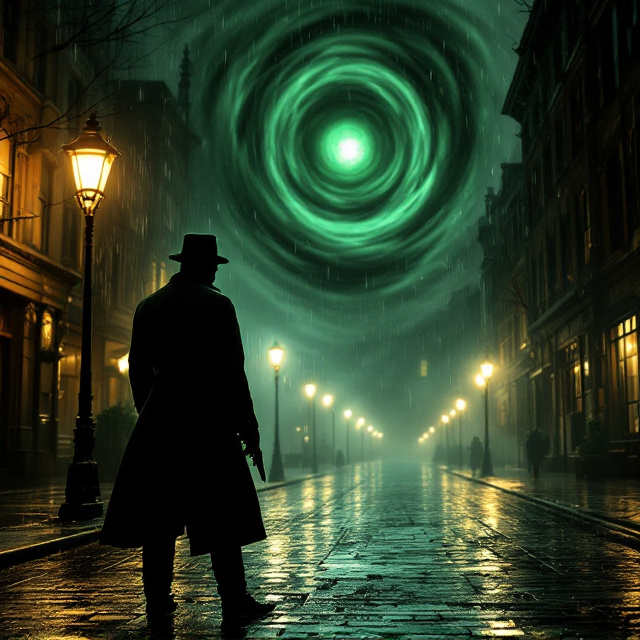 The cover showcases a rain-slicked cobblestone street of Boston, 1901, illuminated by gaslights casting a flickering, yellowish glow. The dominant perspective is a slightly low-angle view looking towards a looming building. In the foreground, a silhouetted figure of a man in a trench coat and fedora stands, his back facing the viewer. The glint of metal hints at the weapon in his hand. Above the street scene, a dark green and oily black swirling vortex subtly blends into the sky, with the faint symbol of the Obsidian Cabal occasional within its depths.