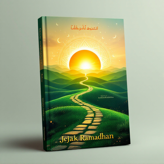 The cover features a golden sun rising over a lush green landscape, symbolizing the dawn of Ramadhan. A subtle pattern of footsteps leads towards the horizon, intertwining with crescent moons and stars to emphasize the spiritual journey. The backdrop gives the impression of warmth and divinity, blending green and gold tones.