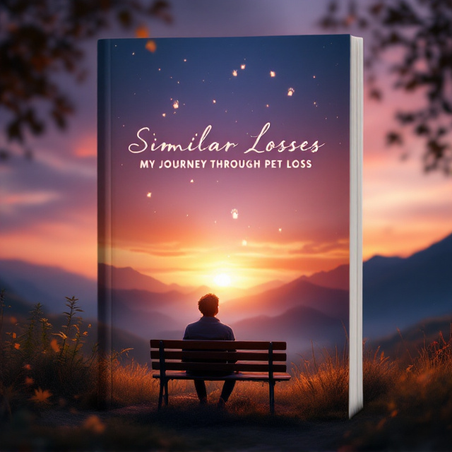 A tranquil landscape at sunset, blending warm golden hues with soft purples and blues. A solitary figure sits on a wooden bench in the foreground, gazing at the ethereal silhouette of a pet, with faint, glowing paw prints ascending into the twilight sky. Gentle motion is added with delicate, falling leaves and a soft glow adding depth to the scene.