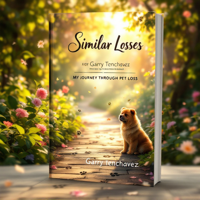 A soft, sunlit garden path spans across the cover, peppered with Chow Chow paw prints that transition from sharp and fresh in the foreground to fading as they blend into the lush, green garden background. The path runs diagonally from the bottom-left to the top-right, guiding the viewer's eye and conveying a journey. The garden, filled with gentle swaying leaves and blooming flowers, provides a rich backdrop where golden sunlight filters through, offering a warm, nostalgic glow. Near the end of the path, a misty silhouette of a Chow Chow softly seats itself among the blooms, offering an ethereal presence. Softly falling leaves and petals create a sense of motion and quiet reflection.