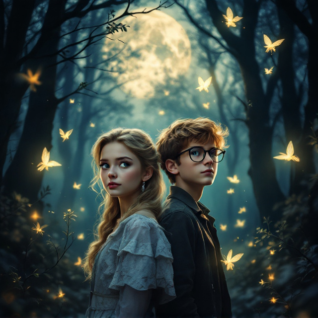 A mystical forest background bathed in twilight hues, with shafts of moonlight filtering through the trees. In the foreground, the blonde girl with green eyes looks thoughtfully towards the reader, her expression both daring and warm. Standing slightly behind her is the boy with glasses, brown hair, and blue eyes, gazing into the distance as if in anticipation. Subtle silhouettes of pixies flutter in the air around them, casting faint glows.