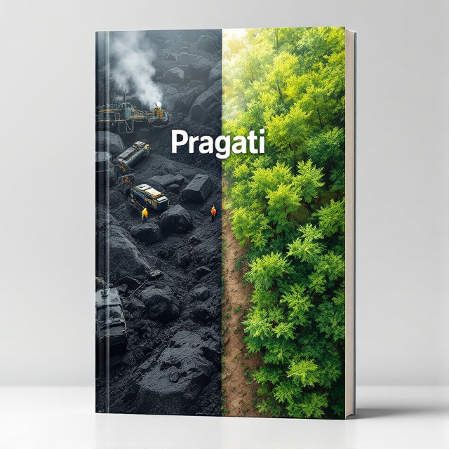 A split-scene cover that illustrates two contrasting but interconnected images. On the left, a dynamic coal production scene with machinery and workers in action. On the right, a lush green landscape filled with trees, depicting sustainability and growth. The center binds these two worlds with a subtle gradient that blends energy production into nature.