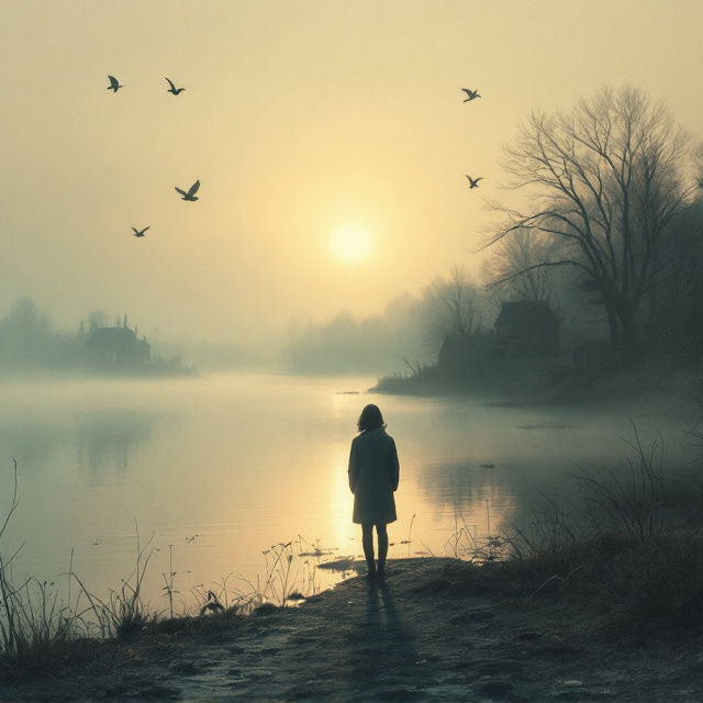 A lone figure stands at the water's edge of a serene lake, their silhouette emerging softly against a misty landscape. The lake's surface reflects a sun setting in warm, blended hues that gradually transition into cooler tones. Faded letters and old photographs subtly overlay the scene, merging with the ethereal mist. Distant silhouettes of old houses and leafless trees quietly suggest nostalgia. Birds in flight drift gracefully above, adding motion to the stillness below.
