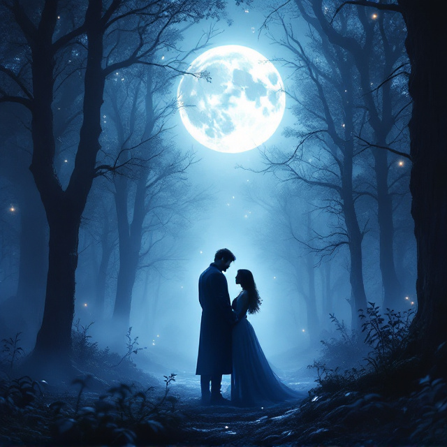 A misty, enchanted forest fills the background, shrouded in cool blue and silver hues. The luminous full moon casts an ethereal glow over the scene. In the foreground, the striking silhouette of Ronan, the brooding alpha with glowing eyes, stands partially in human form. Beside him is Ellie, determined yet vulnerable. Their postures suggest an irresistible magnetic attraction. Faint lunar relic symbols and ancient runes are delicately interwoven into the misty trees, hinting at a hidden legacy.