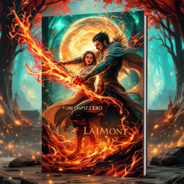 An intense and action-packed illustration showcases Anny and Yumi in a dramatic magical battle scene. Anny is poised with his bow drawn, a shimmering, fiery arrow notched and glowing with energy, while Yumi stands beside him, holding a sword enveloped in swirling magical flames. The background features a vibrant, mystical landscape with towering glowing trees and faintly visible ancient structures. Pulsating magical auras in red and emerald green spiral around them, creating a sense of motion. Fiery sparks illuminate the bottom half of the scene, while subtle nostalgia is evoked by the soft crimson hues of a rising sun in the background.